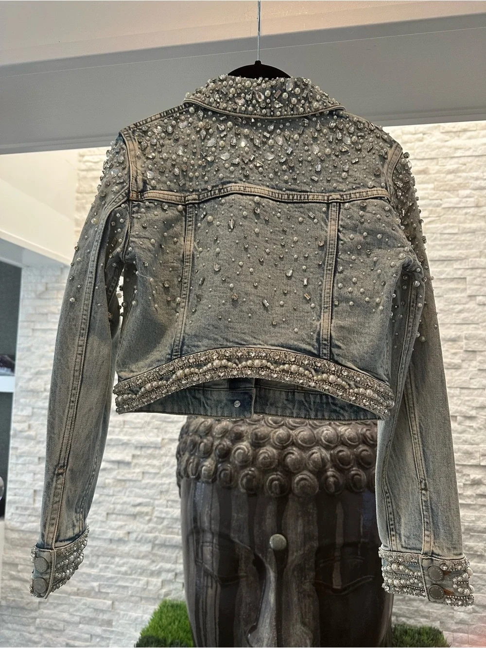 Alice + Olivia Crystal Pearl-Embellished Blue Denim Jacket XS - Picture 7 of 13